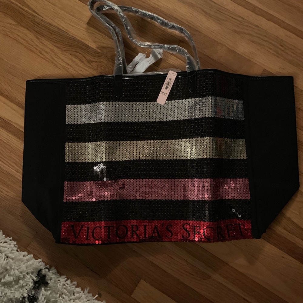 Victoria's Secret Black Sequin Stripe Tote - Pink & Gold Accent - Picture 12 of 12